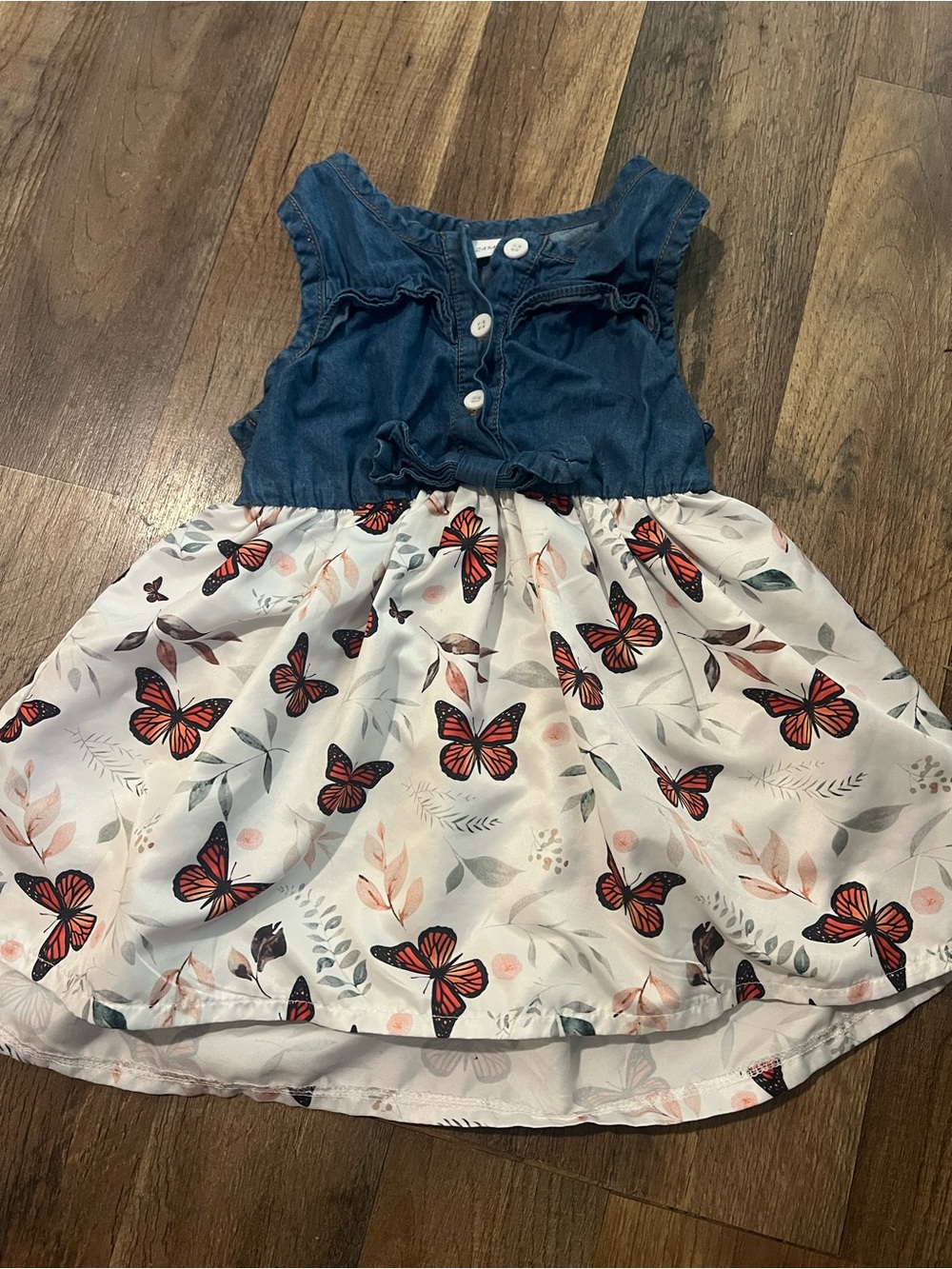 Girls Sleeveless Denim & Butterfly Print Dress - Blue/White